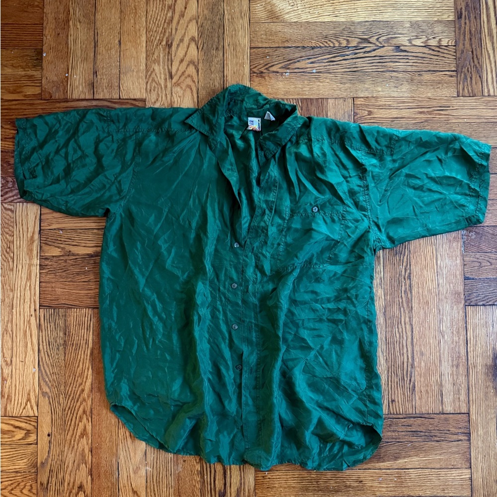 Pure Silk Vintage Forest Green Boxy Unisex Button Up